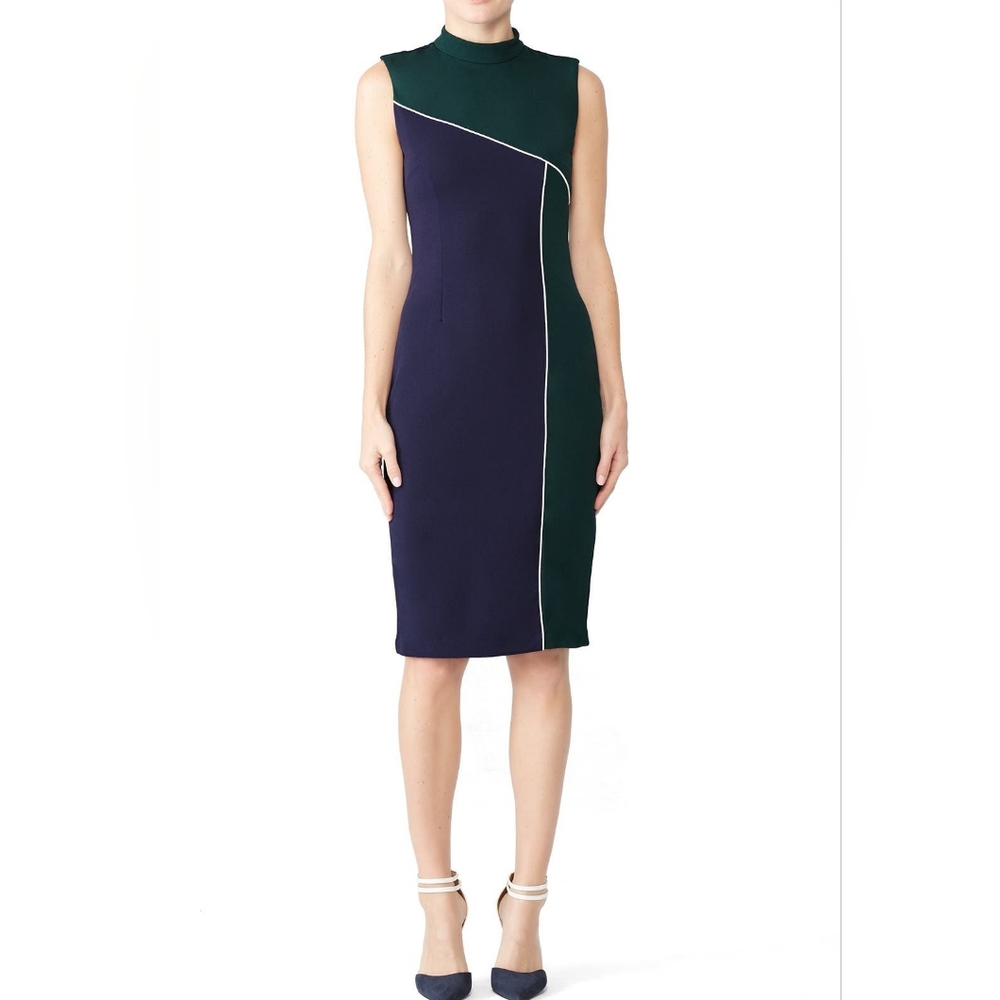 Alexia Admor NEW WITH TAGS  Navy Green White Trim Mock Neck Sleeveless Dress